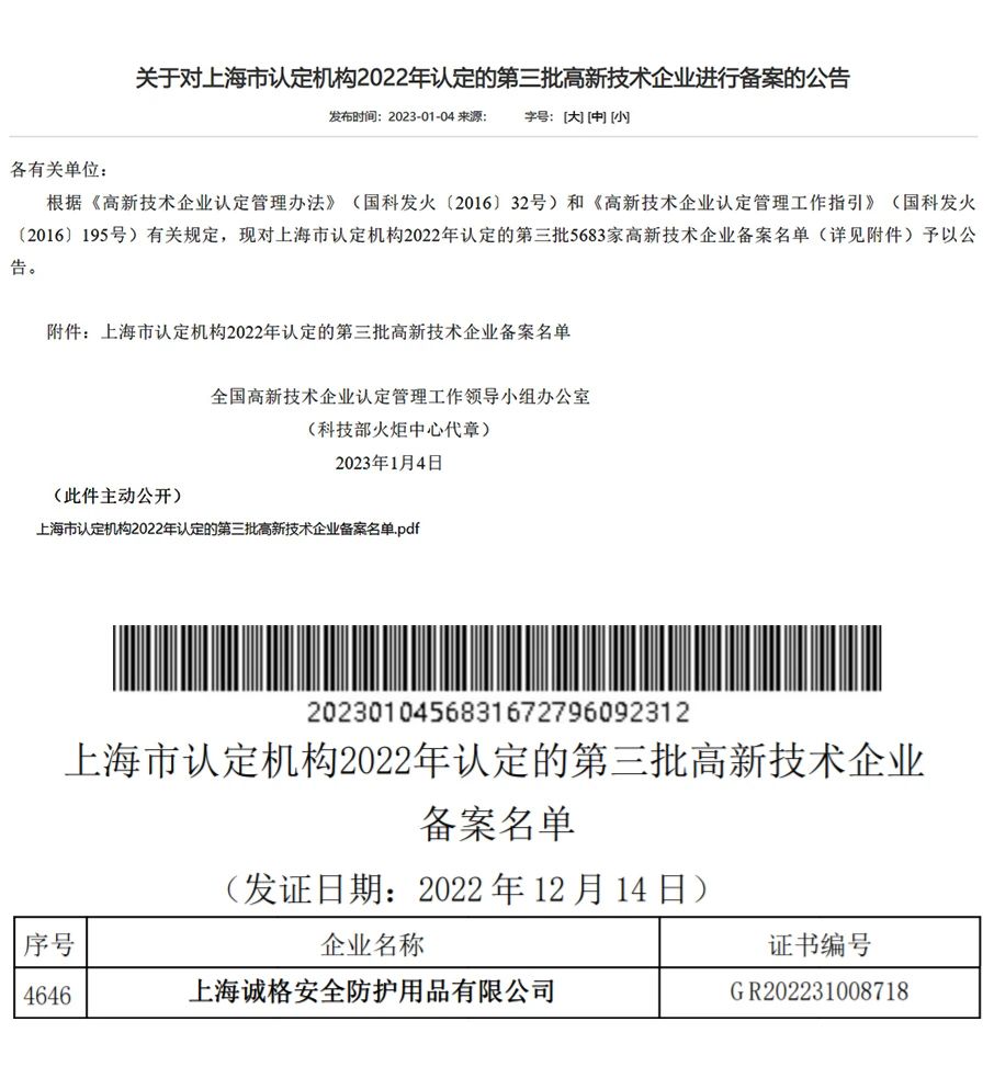 上海誠格安全裝備集團有限公司通過了由國家科學技術部高新技術企業(yè)認定中心的2022年第三批&ldquo;高新技術企業(yè)&rdquo;.jpg